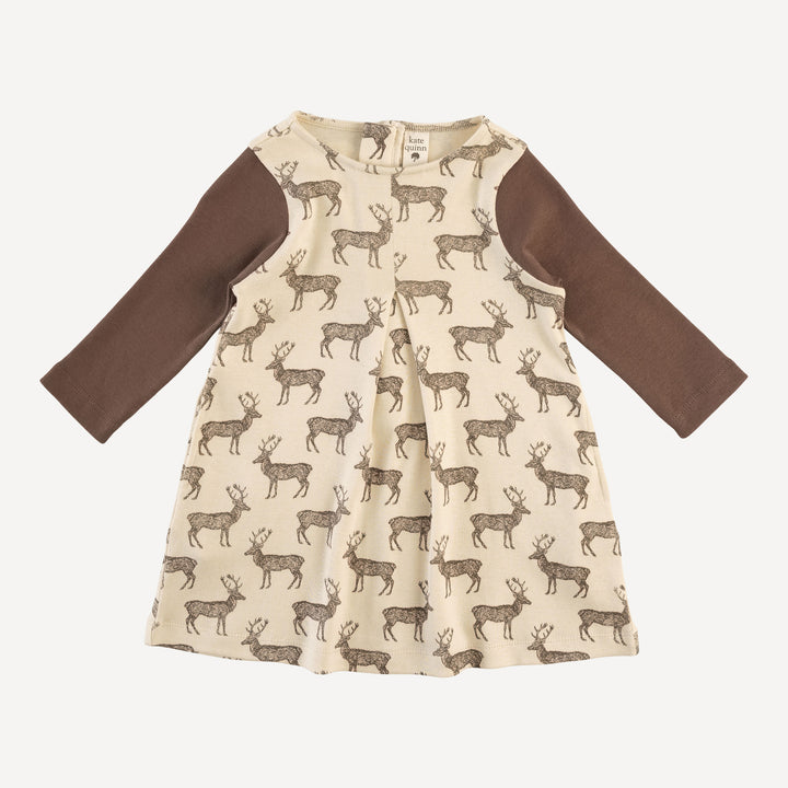 long sleeve kick pleat dress | coffee reindeer | organic cotton flat rib