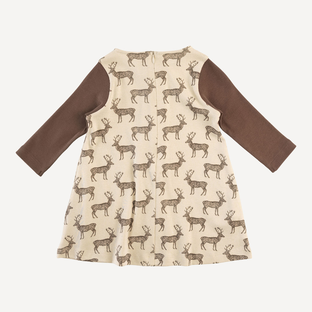 long sleeve kick pleat dress | coffee reindeer | organic cotton flat rib