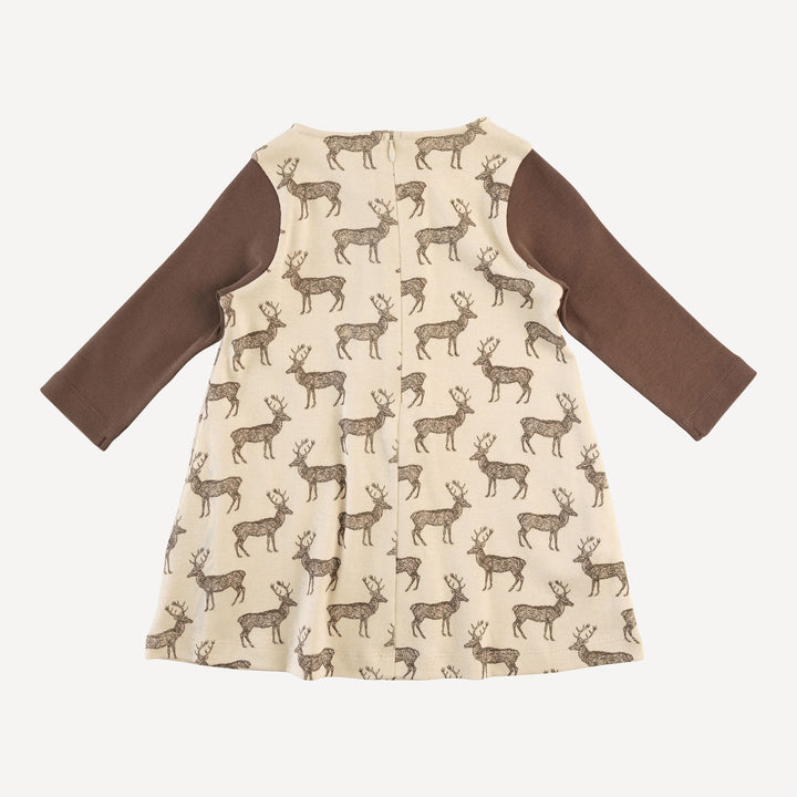 long sleeve kick pleat dress | coffee reindeer | organic cotton flat rib