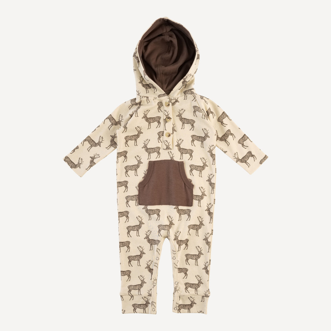 long sleeve hooded sport jumpsuit | coffee reindeer | organic cotton flat rib