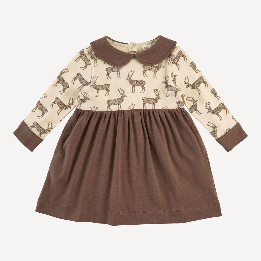 long sleeve peter pan party dress | coffee reindeer | organic cotton flat rib