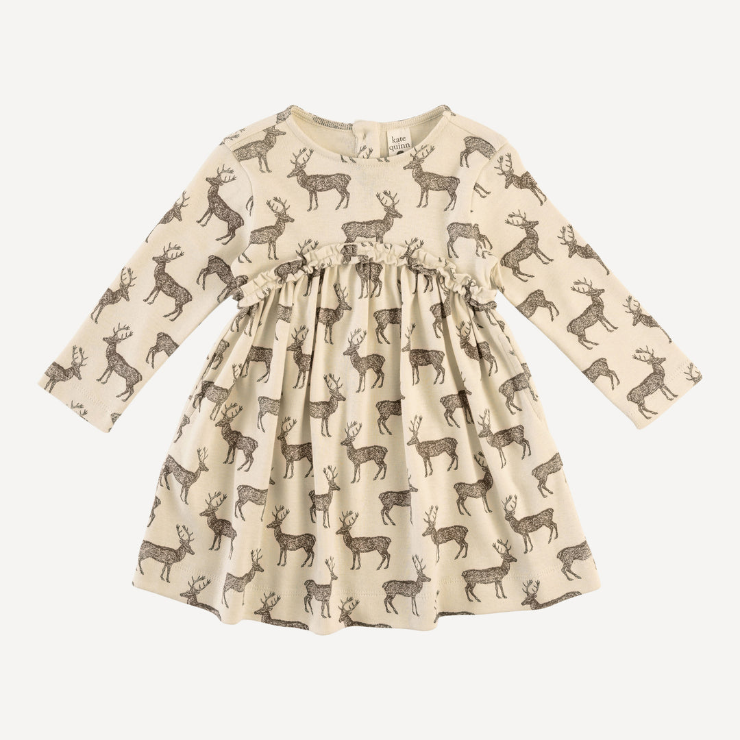 long sleeve rainbow empire dress | coffee reindeer | organic cotton flat rib