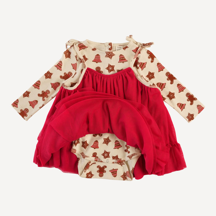 long sleeve ballerina tulle dress bodysuit | gingerbread cookies | organic cotton flat rib