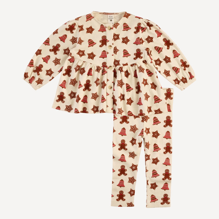 long sleeve button front v-waist top + legging set | gingerbread cookies | organic cotton flat rib