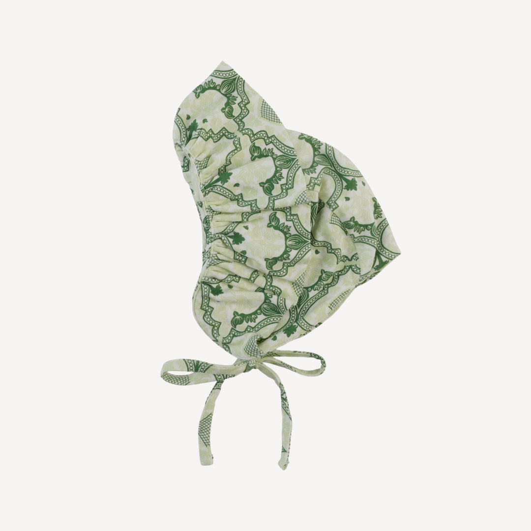 big ruffle bonnet | fog green folk floral | bamboo