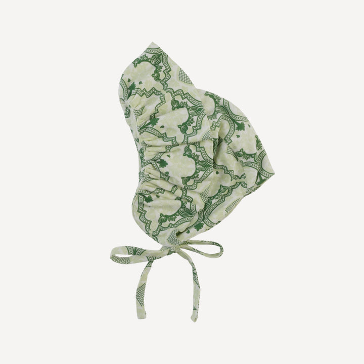 big ruffle bonnet | fog green folk floral | bamboo