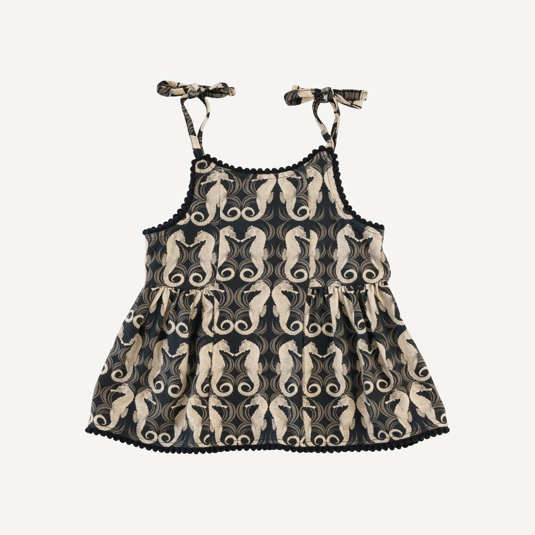 spaghetti tie pom pom ballerina top + ruffle short set | seahorse wave | light weight bamboo