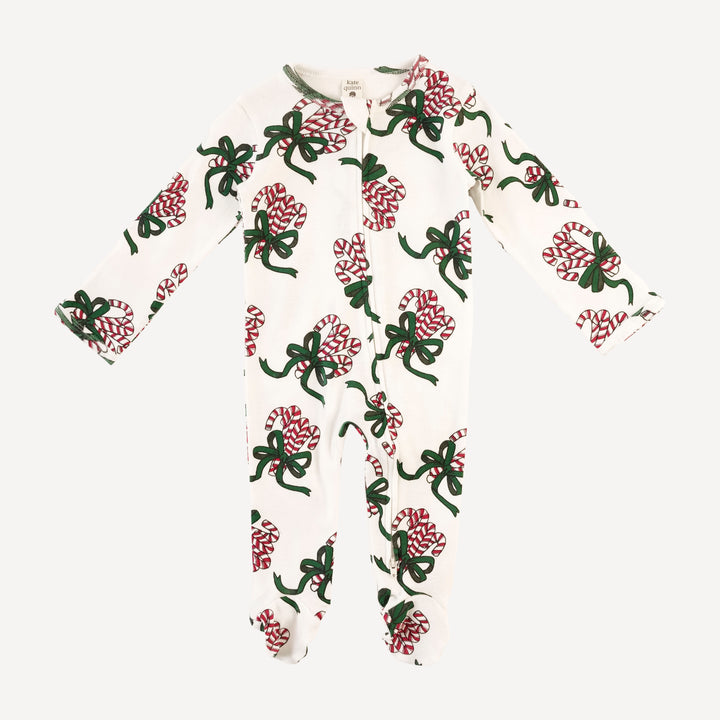 long sleeve two way zipper footie | candy canes | organic cotton flat rib