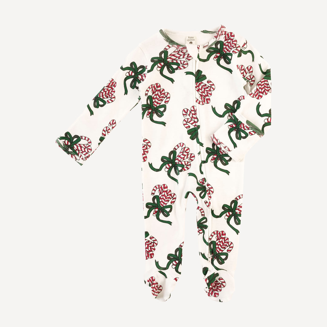 long sleeve two way zipper footie | candy canes | organic cotton flat rib