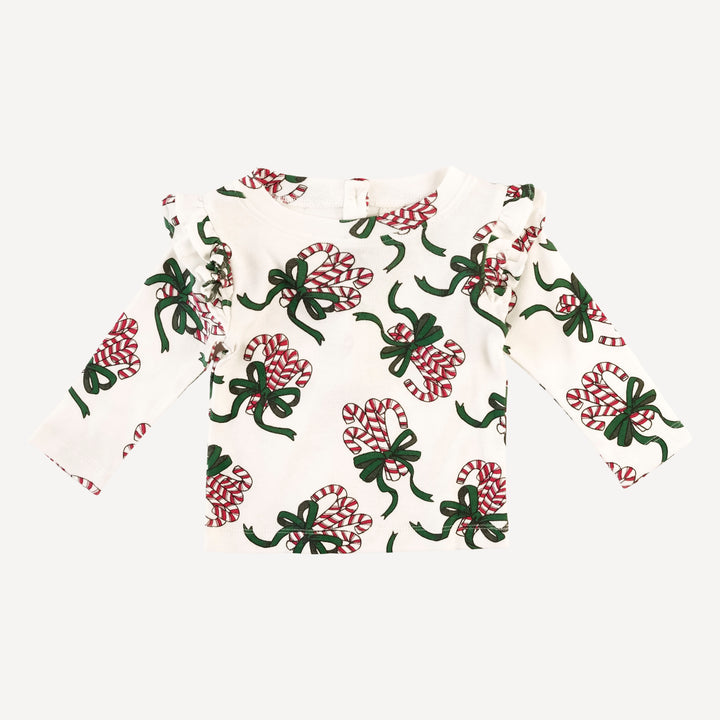 long sleeve double ruffle top | candy canes | organic cotton flat rib