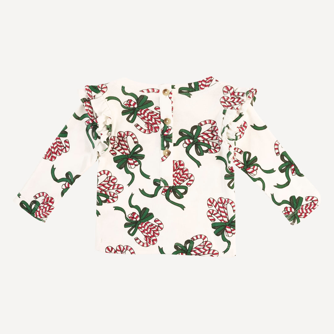 long sleeve double ruffle top | candy canes | organic cotton flat rib