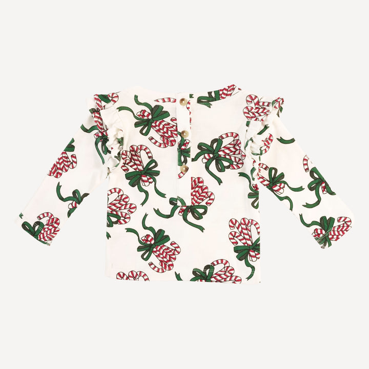long sleeve double ruffle top | candy canes | organic cotton flat rib