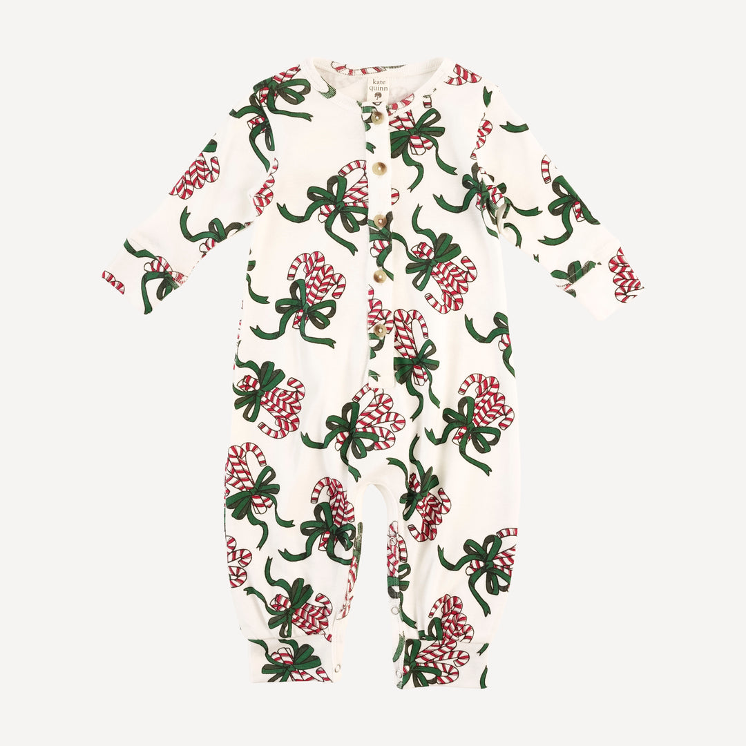 long sleeve cuffed button bubble jumpsuit | candy canes | organic cotton flat rib