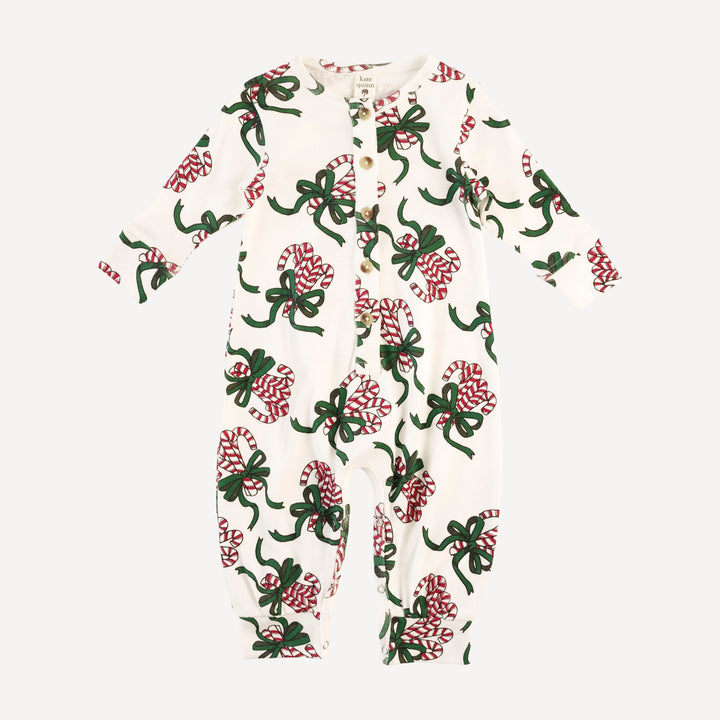 long sleeve cuffed button bubble jumpsuit | candy canes | organic cotton flat rib