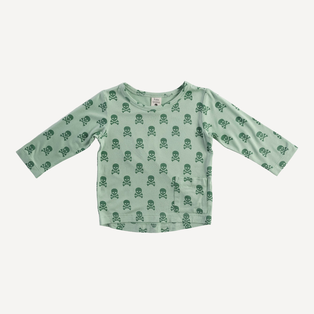 long sleeve pocket boxy tee | green skulls | organic cotton interlock