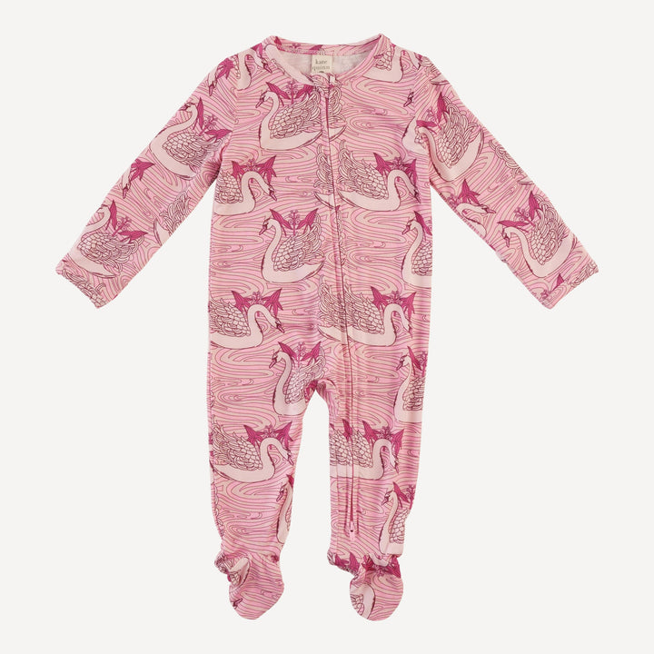 long sleeve two way zipper footie | pink nouveau swans | light weight bamboo