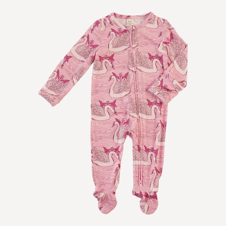 long sleeve two way zipper footie | pink nouveau swans | light weight bamboo