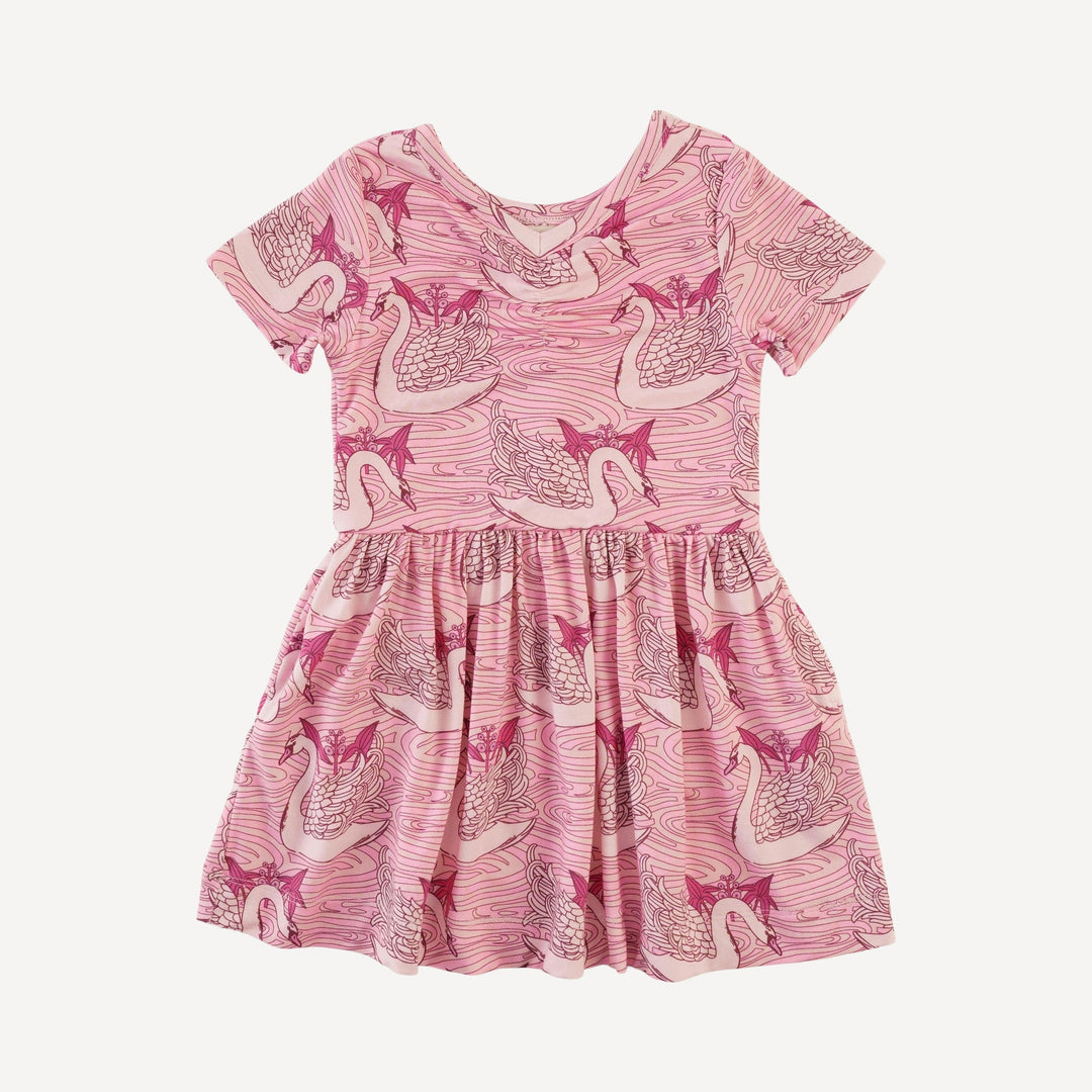 short sleeve twirl dress | pink nouveau swans | light weight bamboo