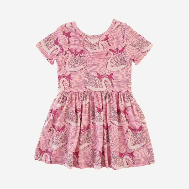 short sleeve twirl dress | pink nouveau swans | light weight bamboo
