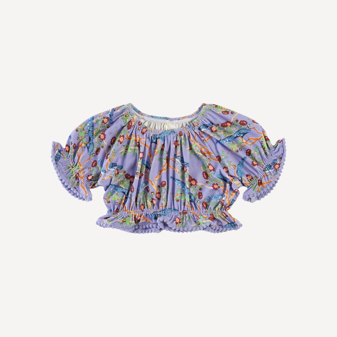 short sleeve pom pom bubble crop top | chinoiserie peacock | bamboo