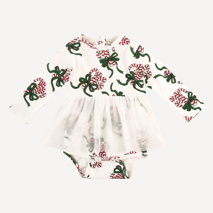 long sleeve tulle skirted bodysuit | candy canes | organic cotton flat rib