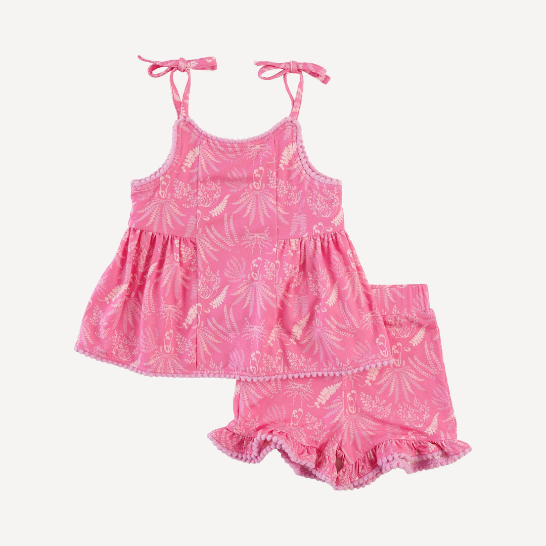 spaghetti tie pom pom ballerina top + ruffle short set | pink magical fern | light weight bamboo