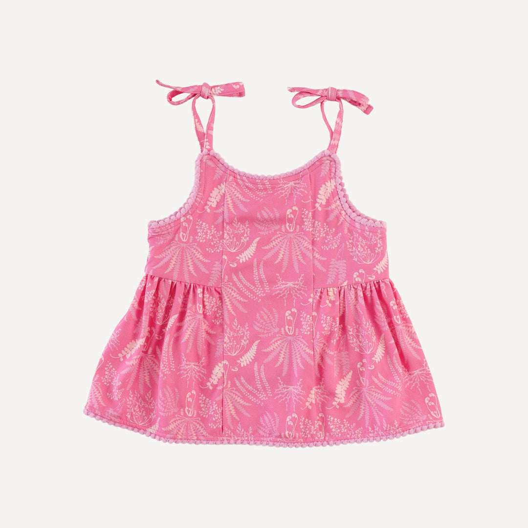 spaghetti tie pom pom ballerina top + ruffle short set | pink magical fern | light weight bamboo