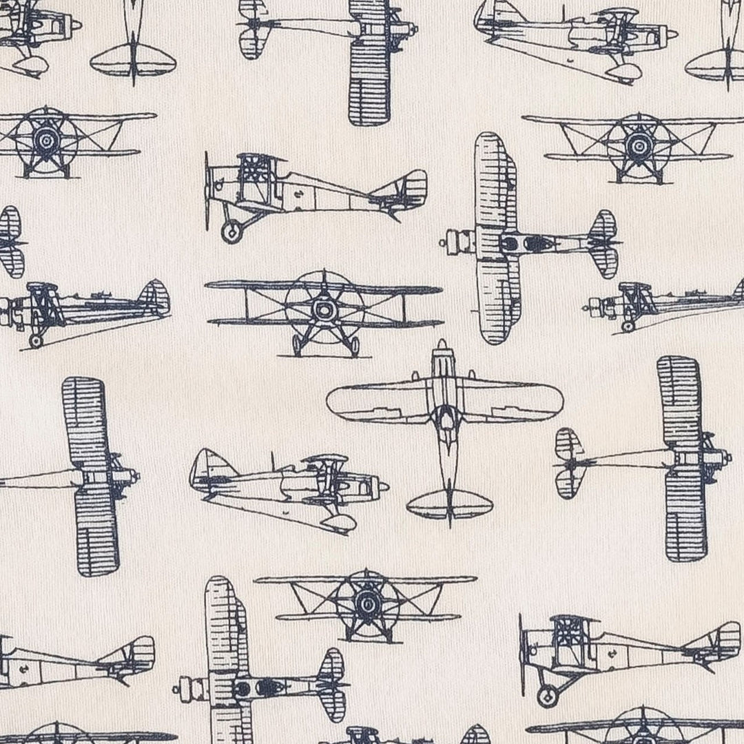 long sleeve crew neck pj set | indigo vintage planes | organic cotton interlock