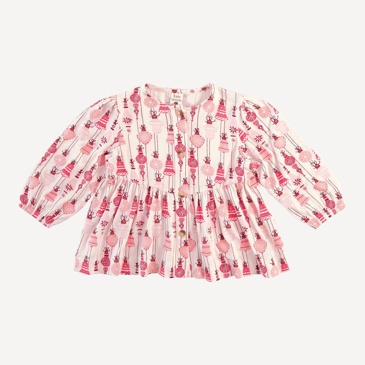 long sleeve button front v-waist top | pink vintage ornaments | bamboo