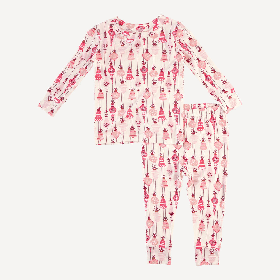 long sleeve crew neck pj set | pink vintage ornaments | bamboo