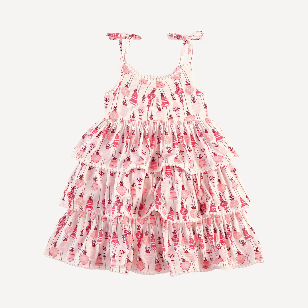 spaghetti tie ruched ruffle tier pom pom dress | pink vintage ornaments | bamboo