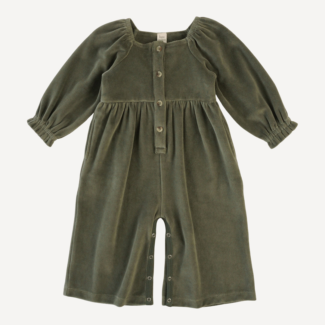 long sleeve woodland gaucho jumpsuit | thyme | organic cotton velour