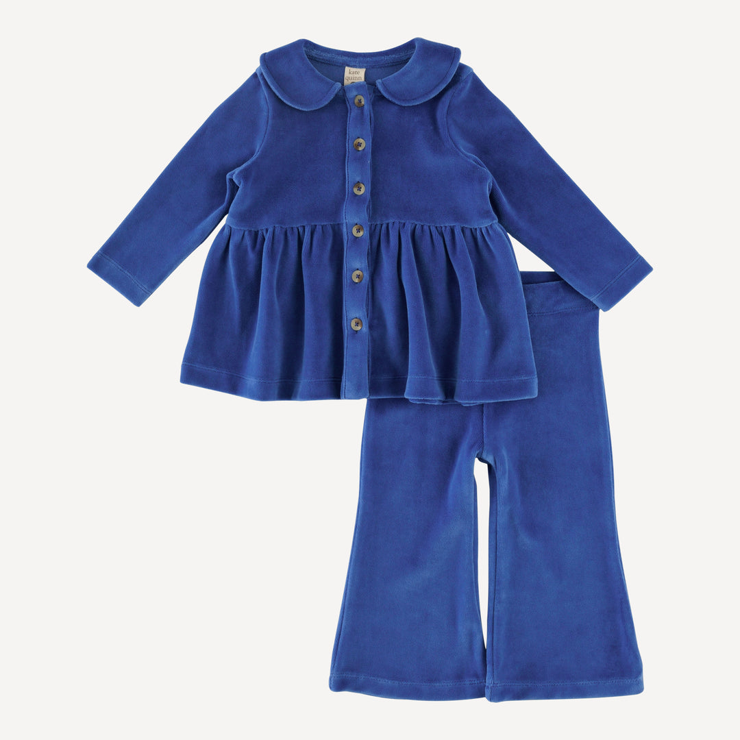 long sleeve peter pan button top + flare pant set | monaco blue | organic cotton velour