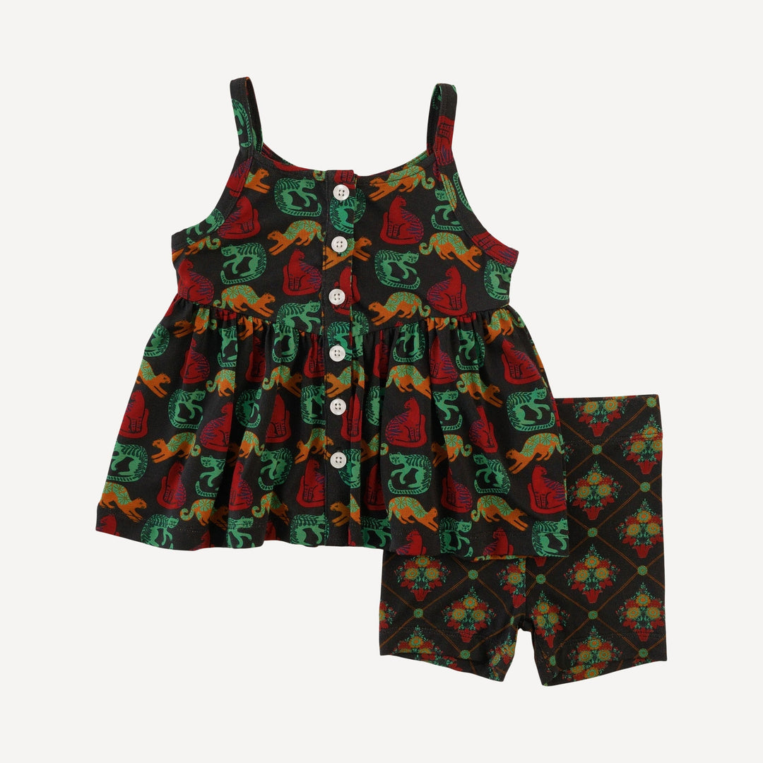 spaghetti strap v-waist top + bike short set | garden cats | light weight bamboo