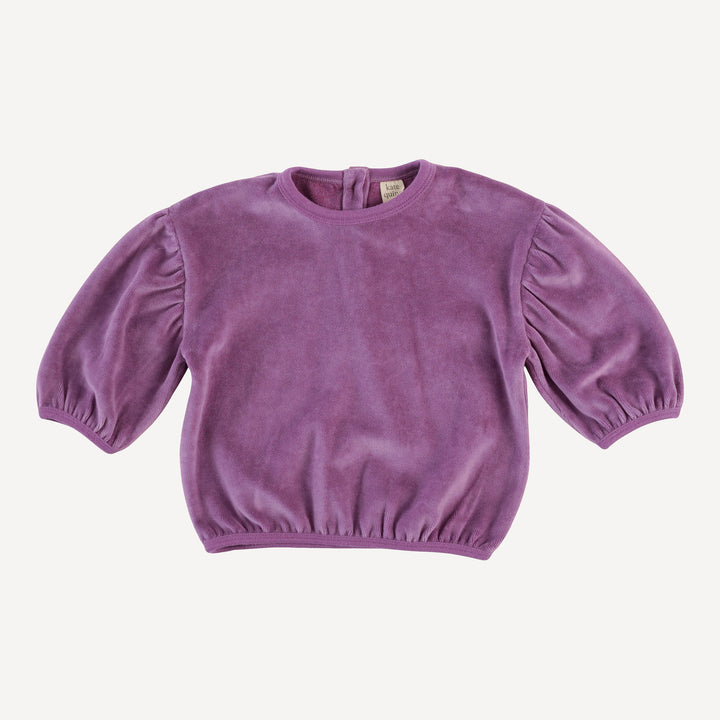 long sleeve gathered balloon tee | amethyst | organic cotton velour