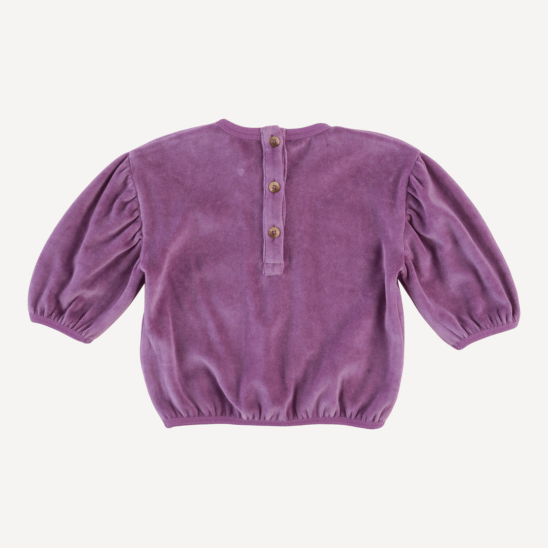 long sleeve gathered balloon tee | amethyst | organic cotton velour
