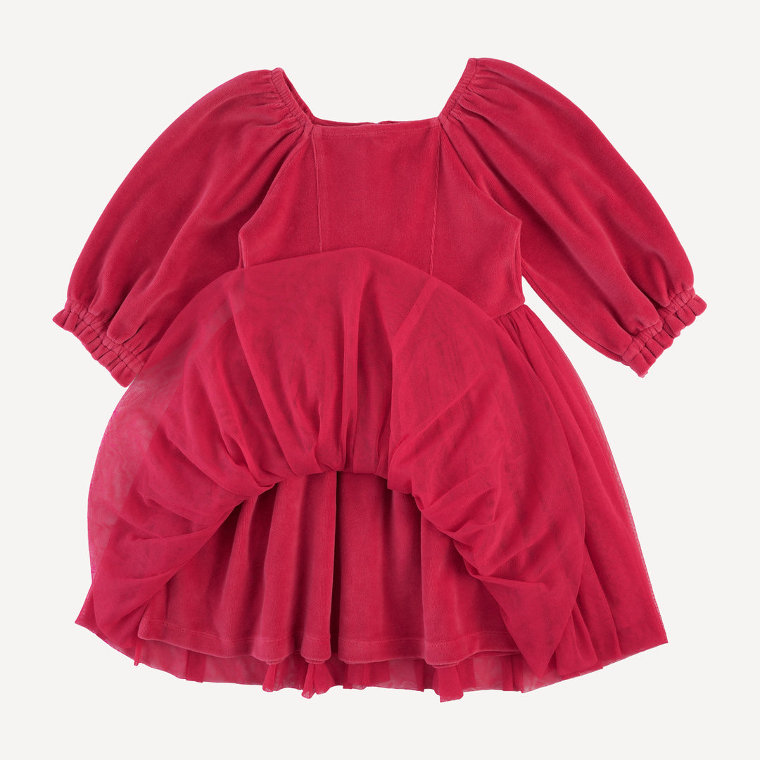 long sleeve princess tulle dress | rococco red | organic cotton velour