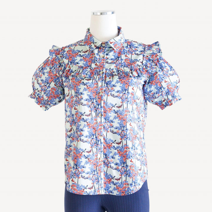 womens short sleeve goldilocks shirt | blue sweet pea butterfly | organic cotton woven