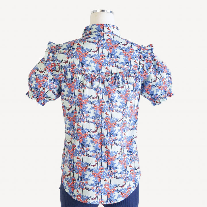 womens short sleeve goldilocks shirt | blue sweet pea butterfly | organic cotton woven