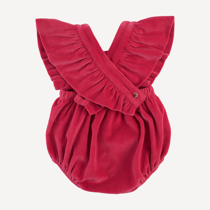 ruffle strap bubble | rococco red | organic cotton velour