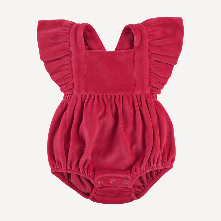ruffle strap bubble | rococco red | organic cotton velour