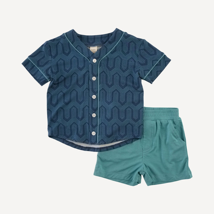 piped baseball jersey + short set | blue art deco | light weight bamboo
