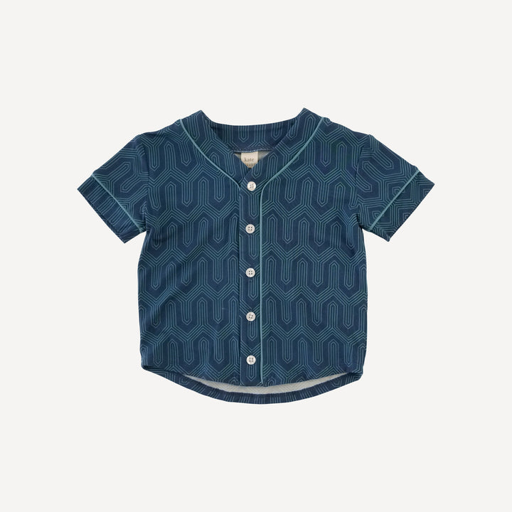 piped baseball jersey + short set | blue art deco | light weight bamboo