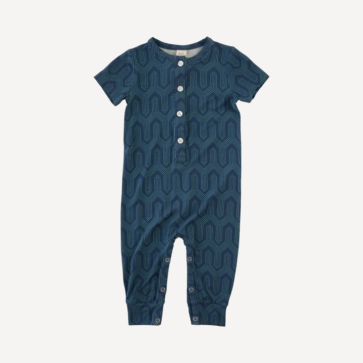 short sleeve sport union suit | blue art deco | light weight bamboo