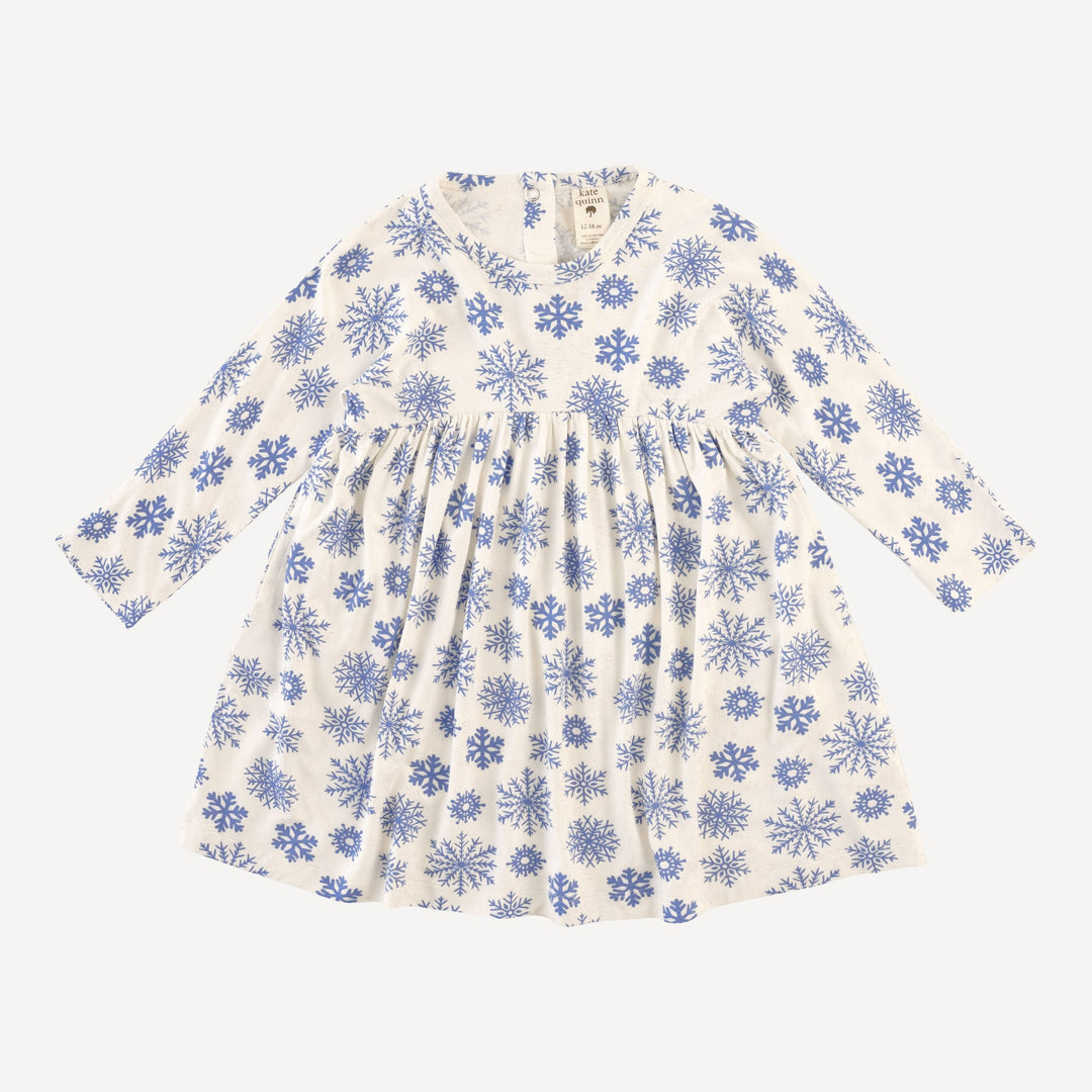 long sleeve gathered waist t-shirt dress | blue snowflake | bamboo