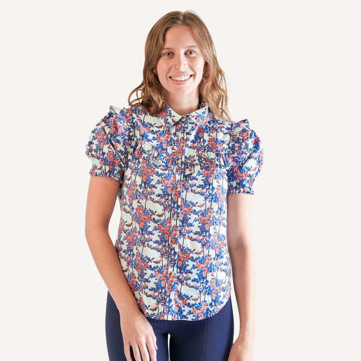 womens short sleeve goldilocks shirt | blue sweet pea butterfly | organic cotton woven