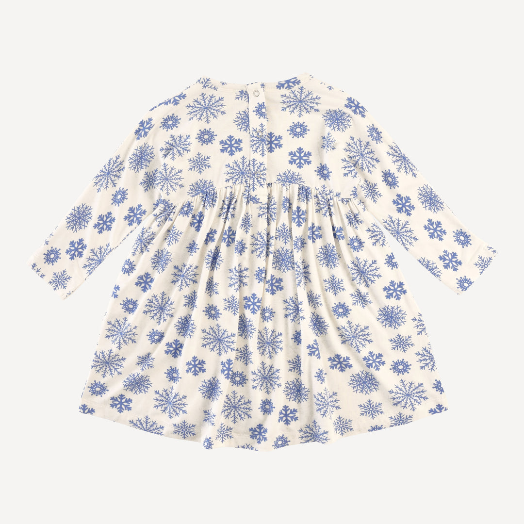 long sleeve gathered waist t-shirt dress | blue snowflake | bamboo