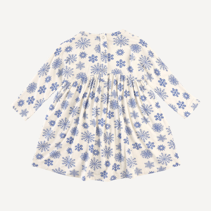 long sleeve gathered waist t-shirt dress | blue snowflake | bamboo