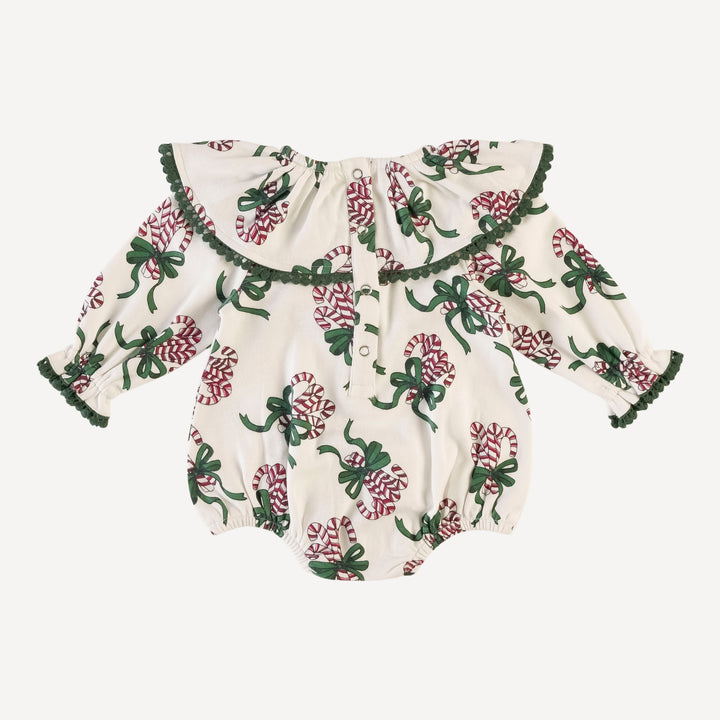 long sleeve ruffle bubble | candy canes | organic cotton interlock