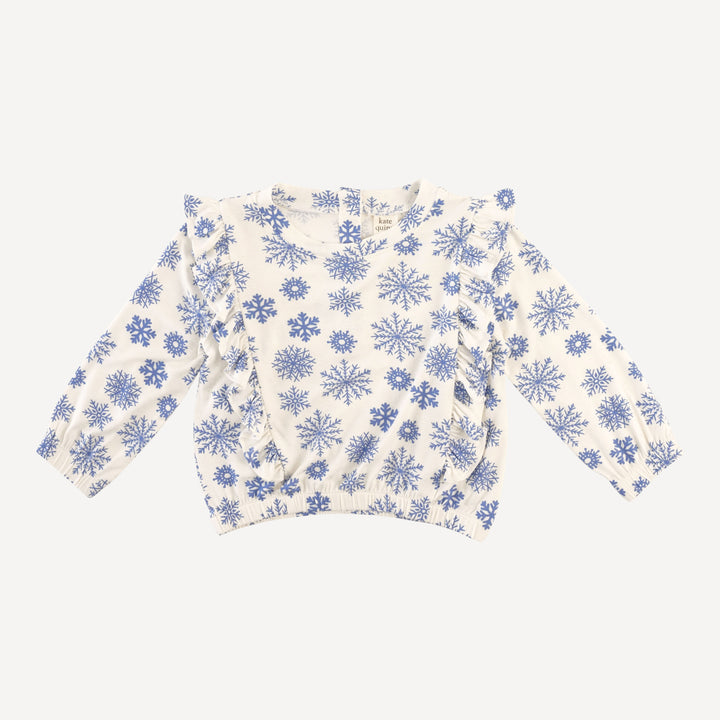 side ruffle scoop neck top | blue snowflake | bamboo